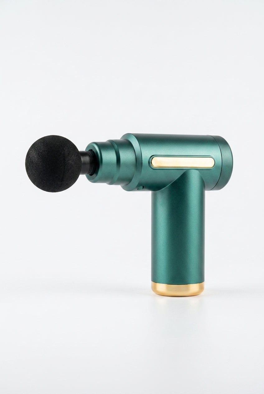Pistola de masajes TRIAMETRA - Modelo verde esmeralda con acentos dorados
