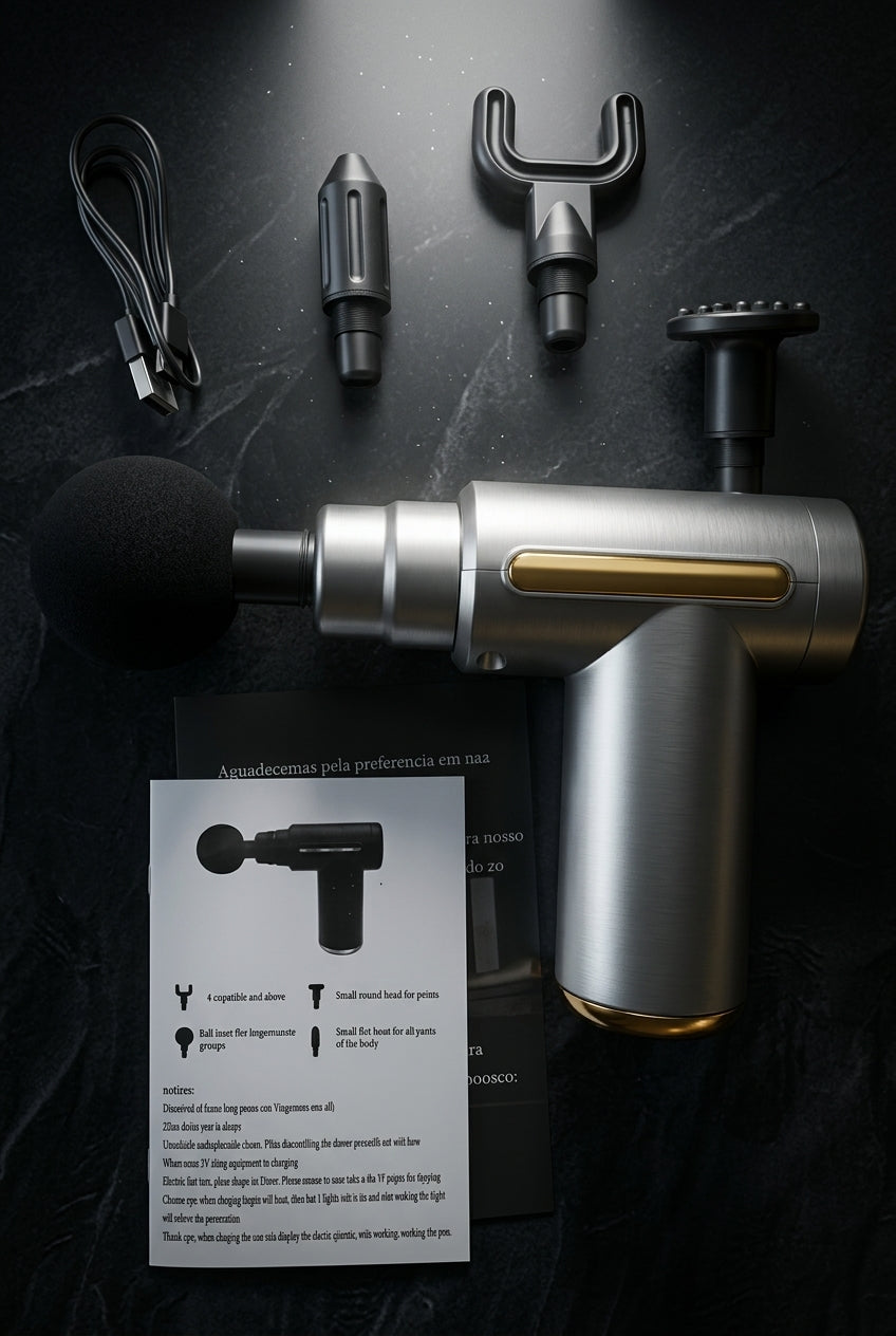Pistola de masajes TRIAMETRA - Vista premium fondo oscuro