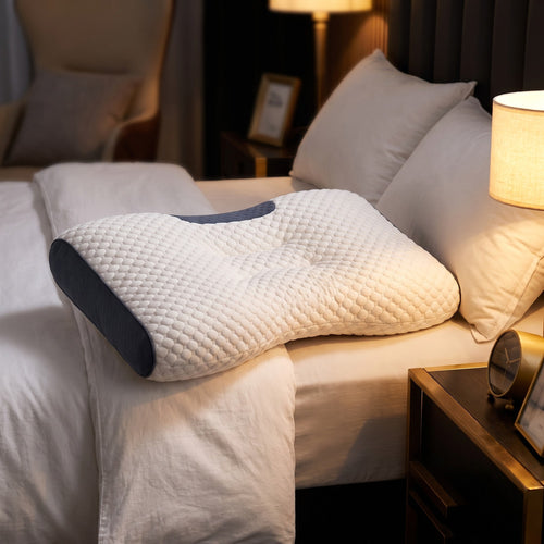 Almohada cervical ergonómica sobre una cama en un dormitorio