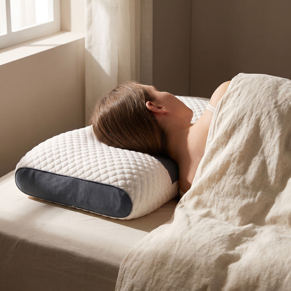 Persona durmiendo de lado apoyada en la almohada cervical ergonómica