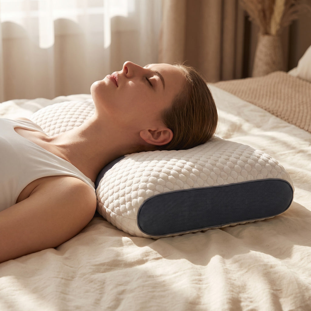 Persona durmiendo boca arriba con el cuello apoyado en la almohada ergonómica