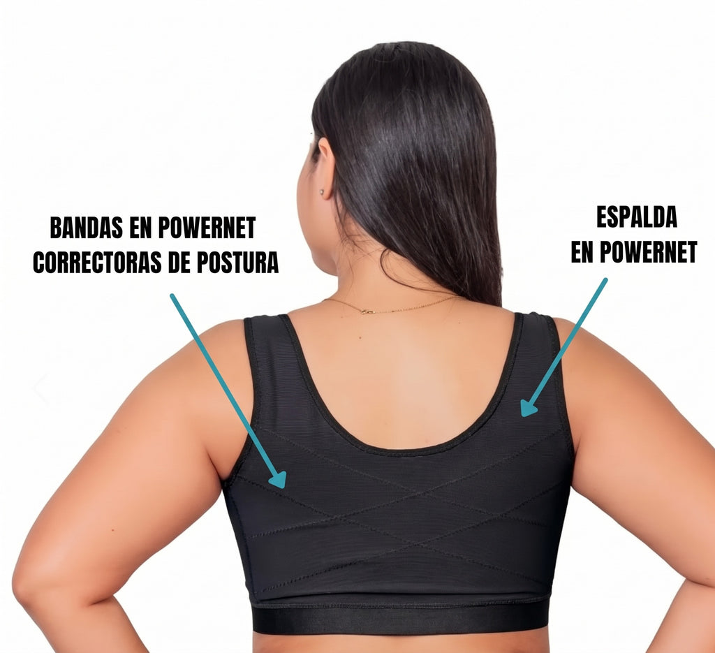 Espalda del brasier negro con bandas correctoras de postura