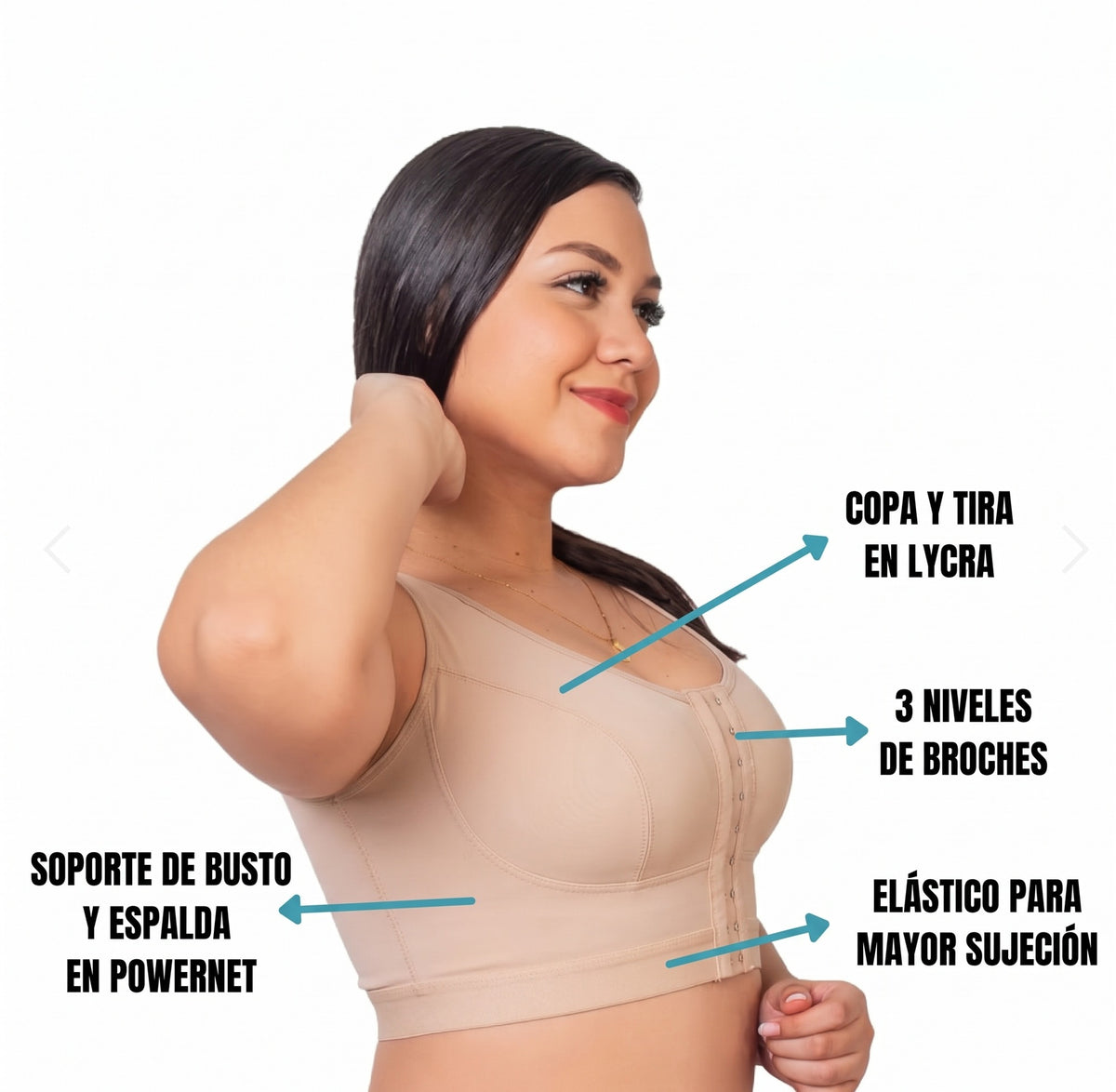 Características del brasier beige: copa y tira, 3 niveles de broches y elástico de sujeción