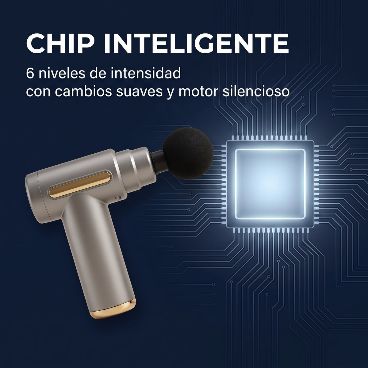 Chip inteligente de la pistola de masaje: 6 niveles de intensidad con cambios suaves y motor silencioso